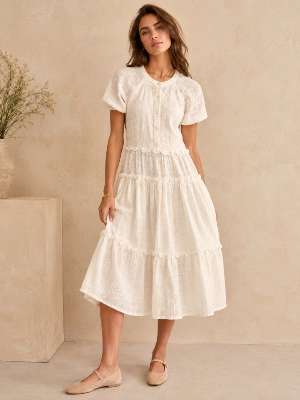 WhoβWhat Wear Ivory Cotton Puff Sleeve Tiered Midi Dress Cottagecore XS